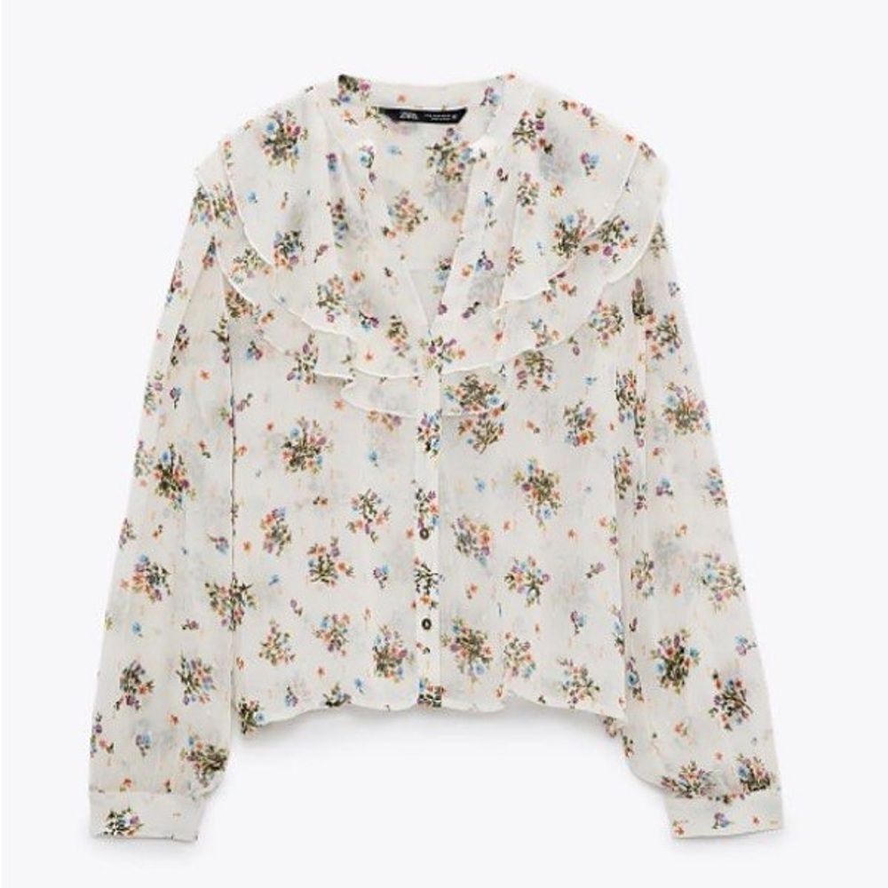 ZARA RUFFLED FLORAL SEMI SHEER BLOUSE - Picture 3 of 3